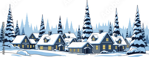 Snowy winter village with cozy dark houses, glowing windows, pine forest, serene landscape, peaceful holiday atmosphere, seasonal illustration scene.