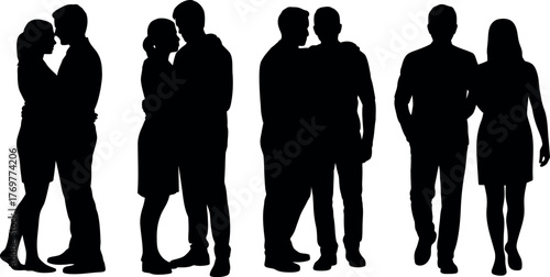 Silhouette of Loving Couples in Affectionate Embrace and Friendly Togetherness