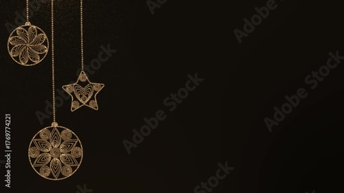 Gold shimmering Christmas decorations. Animation of Christmas toys on the left, free space on the right.