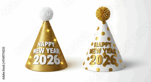 Two new year party hats with happy new year 2026 text in golden and white on a white background