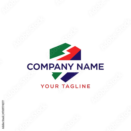 A modern company logo template featuring a colorful hexagon split by a white lightning bolt, with placeholder text for name and tagline. Free Download A modern company logo template featuring a colorful hexagon split by a white lightning bolt, with placeholder text for name and tagline. - GFXLoad