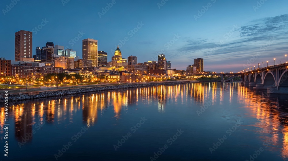 Naklejka premium Saint Paul Minnesota skyline at dusk along the Mississippi River City lights reflecting on water