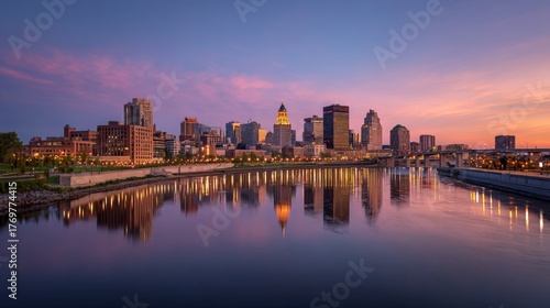 Saint Paul Minnesota skyline at dusk along the Mississippi River City lights reflecting on water