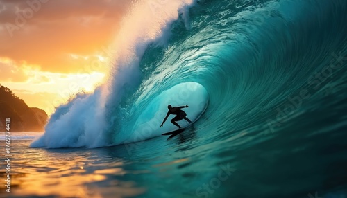 Fototapeta Naklejka Na Ścianę i Meble -  Surfer rides massive ocean wave at sunset. Man on surfboard in sea water barrel. Silhouette of athlete surfing on big swell with spray. Water sports and adventure activity.