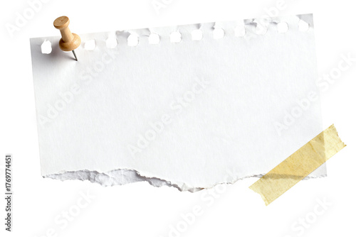 Torn notebook paper with thumbtack and aged tape, isolated on transparent background, copy space for design.