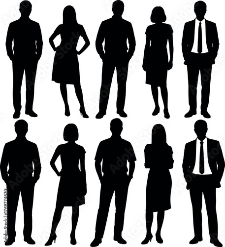 Silhouettes of diverse professional men and women standing together group