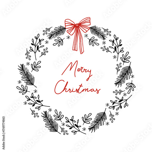 Hand-drawn Merry Christmas lettering inside a festive wreath with a red bow. Greeting card design.