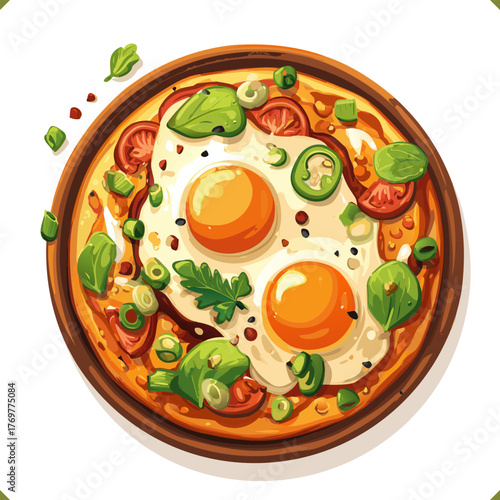 Vector illustration of fried eggs, scrambled eggs with vegetables and herbs, tomato, salad, isolated on a white background