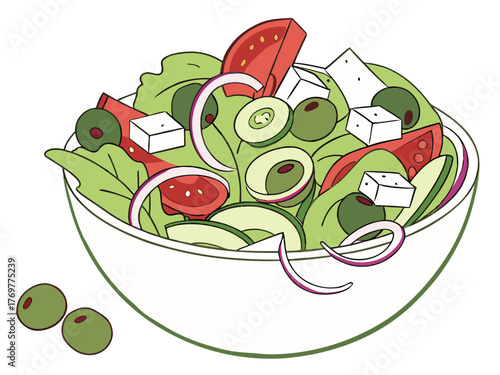 Fresh Greek salad with olives and feta cheese in vibrant bowl filled with leafy greens, tomatoes and onions. Colorful Greek salad includes olives, cucumbers