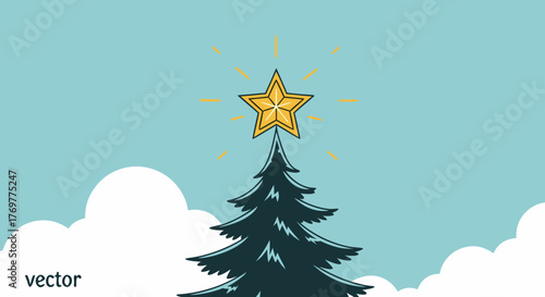Golden star on treetop of evergreen Christmas tree with blue sky and clouds. Festive star shines on top of decorated pine tree during joyful holiday season.