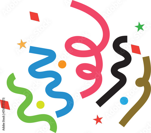 Vibrant confetti streamers and stars celebrate party joy and festive occasion atmosphere