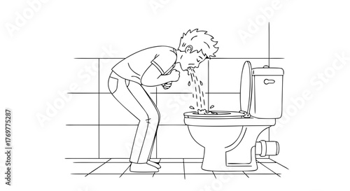 Person vomiting in toilet illustration with distressed expression and blurred motion. Bathroom scene captures discomfort and urgency, illustrating distressful moment of sickness.