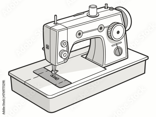 Sewing machine on desk with clear lines and functions for easy use. Sewing machine features essential components like thread spool and foot pedal for comfort.