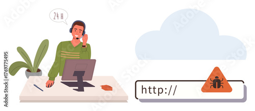 Man at desk wearing headset, providing 247 IT support while addressing malware issue indicated by bug warning in browser URL. Ideal for customer service, cybersecurity, malware support, online