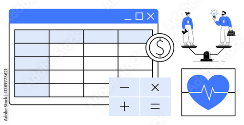 Spreadsheet, calculator, balanced human figures holding lightbulb and briefcase, and heart monitor. Ideal for calculation, analysis, business growth, planning, teamwork healthcare context simple