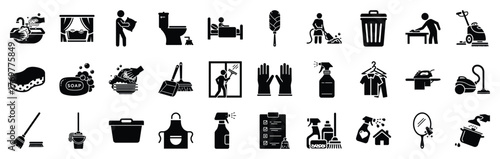 Housework and Cleaning Minimal Silhouette Vector Icon Set – 30 Household Chores and Cleaning Tools Vector Bundle for Home Maintenance and Hygiene Design