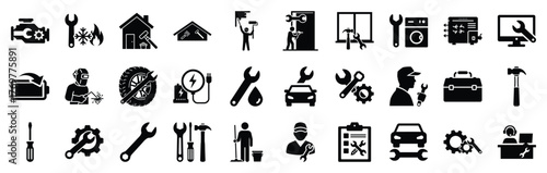 Repair and Service Minimal Silhouette Vector Icon Set - 30 Maintenance, Tools, and Technical Support Symbol Bundle for Automotive, Home