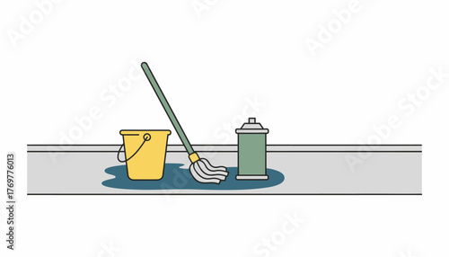 A kitchen floor being mopped with a bucket and mop left beside a can of floor cleaner.