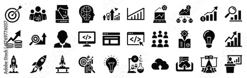Startup Web Minimal Silhouette Vector Icon Set – 30 Business Growth, Innovation, and Digital Development Symbol Bundle for Entrepreneurship and Online Marketing Design