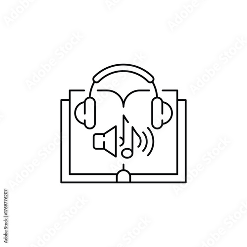 headphones with audiobook icon, listen audio education, sound guide book, thin line symbol on white background - vector illustration