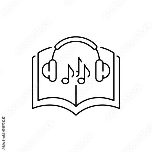 headphones with audiobook icon, listen audio education, sound guide book, thin line symbol isolated on white background, editable stroke eps 10 vector illustration