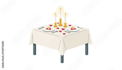 An elegantly set dinner table adorned with rose petals flickering candles and gourmet dishes for a special candlelit meal.