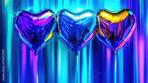 Three metallic heart-shaped balloons in varied colors float against a vibrant, reflective backdrop, creating a cheerful party atmosphere