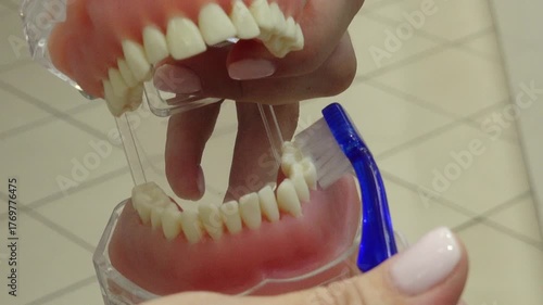 Valmiera, Latvia - October 06, 2025: Demonstration of proper dental hygiene using a model mouth, camera zooms in on brushing technique