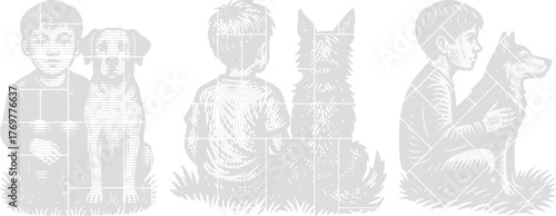Vintage linocut art of a boy with his loyal dog sitting on grass, nostalgic monochrome illustration with fine engraving lines, emotional friendship and nature themed design
