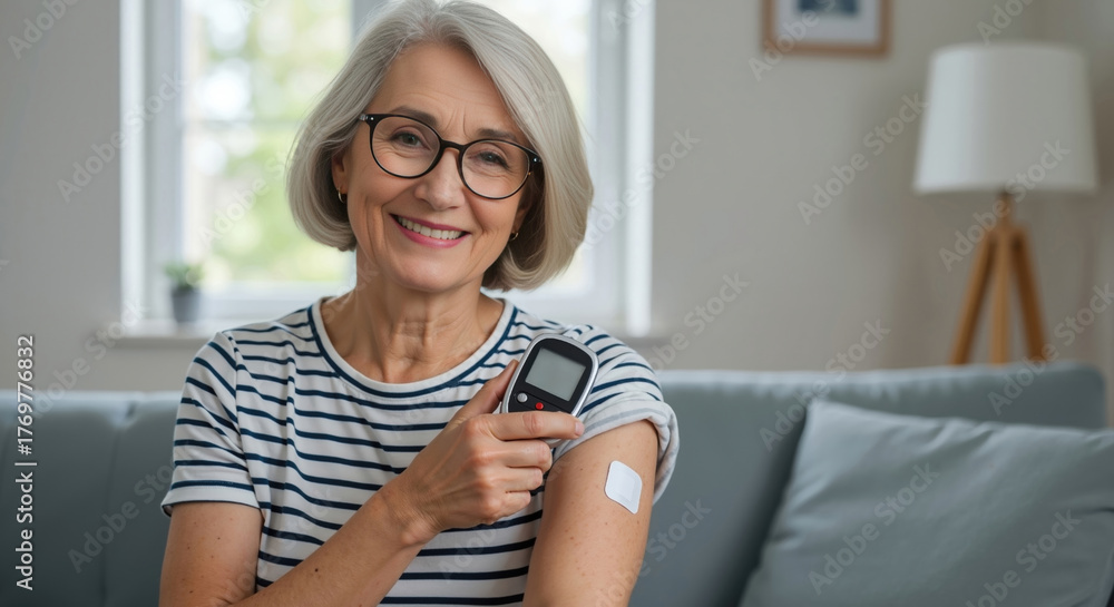 Fototapeta premium Portrait of smiling senior woman with continuous glucose monitor. Patient with diabetes using sensor patch and reader for health management at home