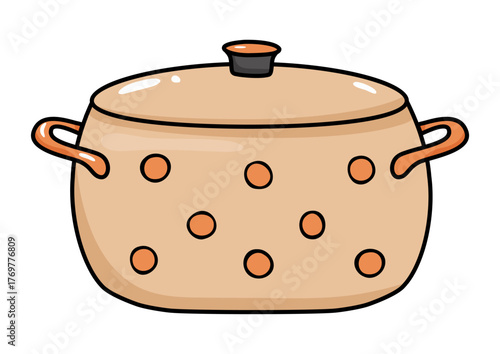 cooking pot, saucepan with lid and polka dots. Kitchen utensil for home cooking, kitchenware, and food preparation illustration.