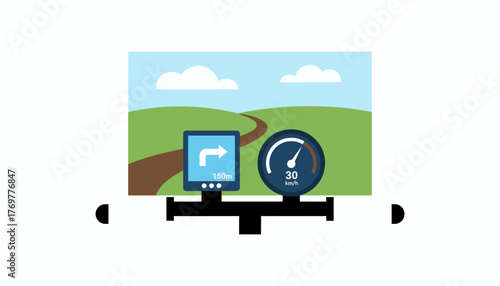 A bicyclemounted navigation system displaying turnbyturn directions with a mounted speedometer set against a rural landscape.