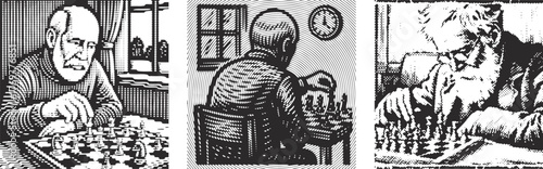 Vintage linocut art of an elderly man playing chess indoors, detailed black and white engraving style illustration, classic retro texture, thoughtful intellectual artwork design