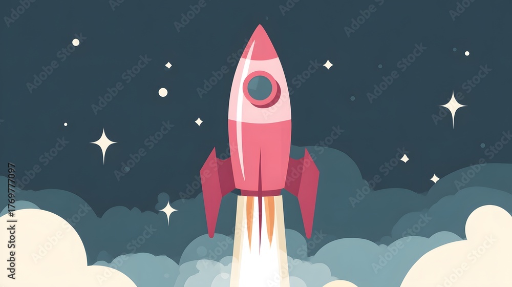 Fototapeta premium Illustration of a rocket going to the moon, warm colors, pastel touches, in the style of clip art, with simple lines and colors. Style children's book illustration, simple shapes, and flat colors