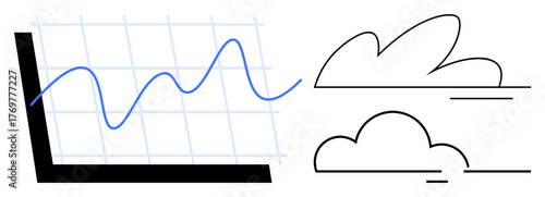 Line graph with fluctuating data curve, overlaid with minimalist cloud outlines. Ideal for analytics, cloud computing, big data, forecasts, technology trends, environmental analysis, business