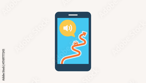 A smartphone displaying a GPS navigation app with a clear route highlighted in bright colors and voice directions activated.