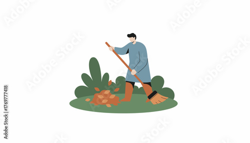 A garden space with a person sweeping away fallen leaves showcasing outdoor maintenance as part of cleaning.