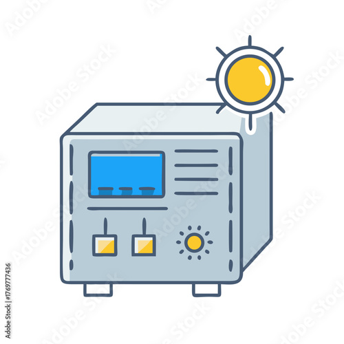 Illustrated Solar Inverter with Display, Power Outputs, and Cooling Features
