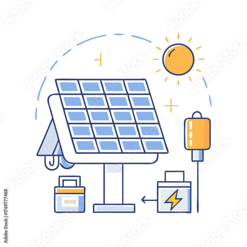 Cartoon illustration depicting solar panel generating energy from the sun
