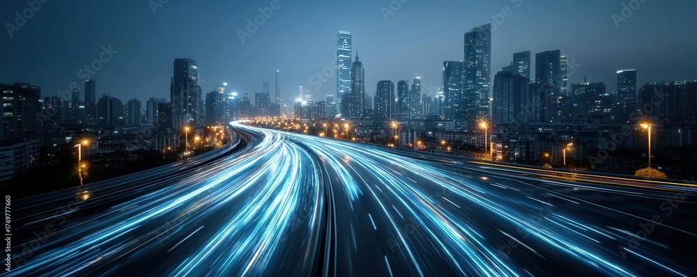Obraz premium Light Streaks Through the Night Sky Over the Modern City of Hong Kong