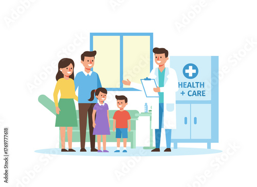 A cheerful mother, father, and their children visited a doctor’s office, clinic, or hospital, seeing a family physician or consulting a medical adviser, depicted in a vibrant flat cartoon vector