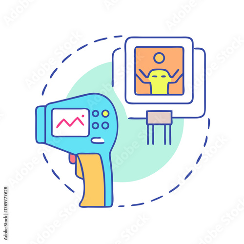 Stylized illustration of a noncontact infrared thermometer measuring body temperature