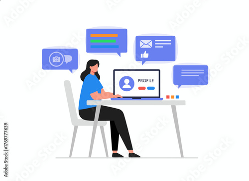 Illustration of a female content manager at work, multitasking with skill; a young girl cartoon character handling SMM strategy processes, while a freelance worker is busy analyzing email marketing