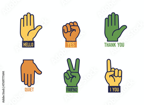 A vector illustration depicting a variety of hand gestures and signs, featuring isolated palms and fingers against a white background, representing non-verbal communication, emotional expression, and