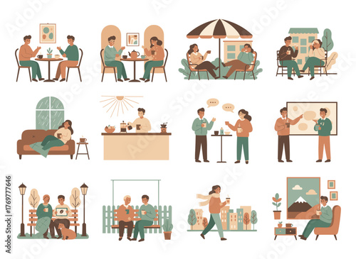A flat, colorful cartoon vector illustration featuring a group of cute men and women with hot beverages, set against a white background, shown walking, sitting at a café table, or at home drinking