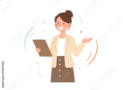 A cheerful young woman points and demonstrates something with her hand, while a smiling secretary or businesswoman explains and presents the same item, all illustrated as a colorful flat vector on a