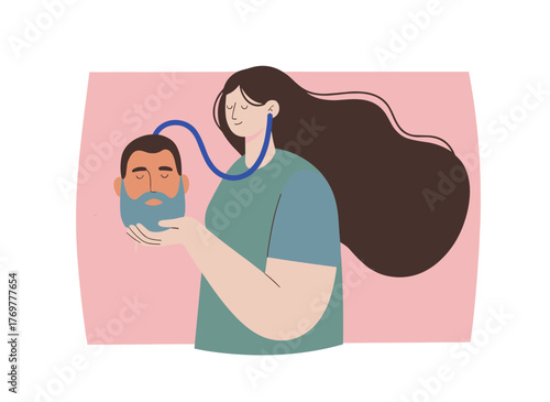 A transgender or transsexual woman holds a mask showing a male face, depicting a person exploring their gender identity—non-binary, genderqueer, or genderfluid—in a flat cartoon vector illustration