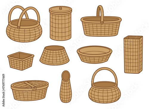 Illustration of a set of realistic, empty wicker baskets in vector form, featuring a collection of straw handmade containers or panniers against a white background, suitable as decorative storage or