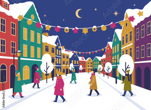 A festive city view featuring cheerful pedestrians strolling through snowy streets during winter holidays, showcasing a European old town on Christmas Eve with snug buildings, a cityscape reflecting