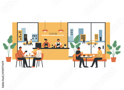 A flat vector cartoon illustration shows a modern, cozy coffeehouse interior where patrons maintain social distance, unwind in a city café, and enjoy desserts with coffee or tea